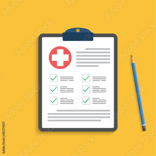 Clipboard with medical cross and pen. Clinical record, prescription, claim, medical check marks report, health insurance concepts. Premium quality. Modern flat design graphic elements. 