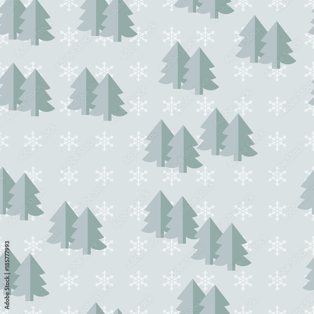 Seamless pattern vector of pine tree on snowflake background. Winter season concept. 