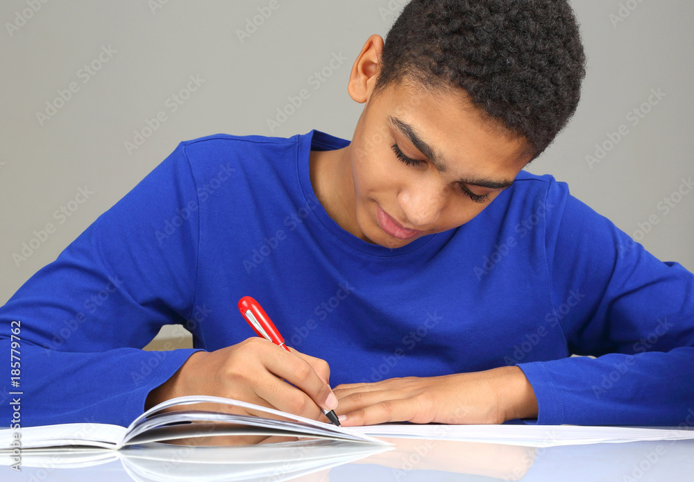 teenager in blue blouse writes in a notebook lessons. teenager in blue blouse writes in a notebook lessons.