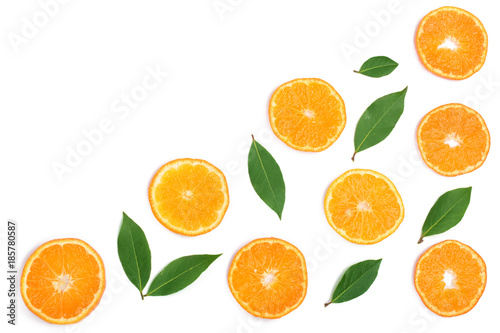 slices of tangerine with leaves isolated on white background with copy space for your text. Flat lay, top view.