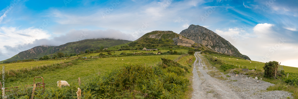 Welsh landscape on the Llyn Peninsula - view towards Yr Eifl and Trefor Quarry, near Trefor, Gwynedd, Wales, UK