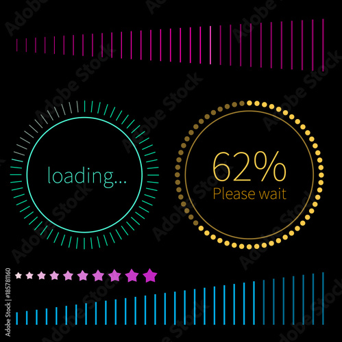 Green and gold round progress bars. Vector abstract symbol for webpage design. Loading bars and spinner with text - Loading. Round progress bar for interface web elements.
