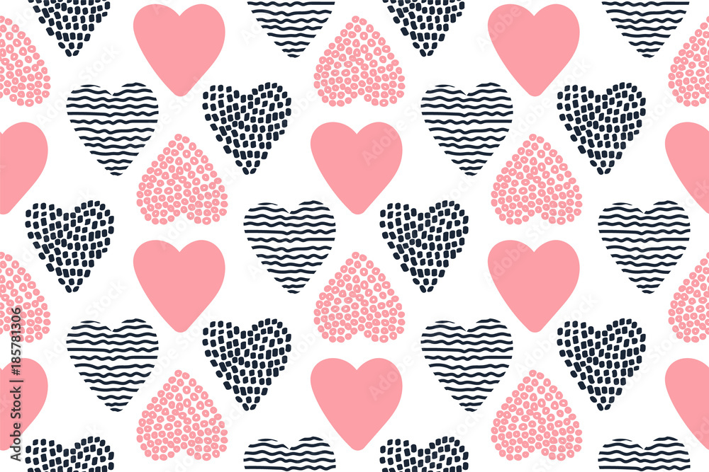 Seamless pattern with hand drawn Valentine hearts. Good for wallpaper,  wrapping paper, invitation cards, textile print. Background for St.  Valentine's Day. Vector illustration. Stock Vector