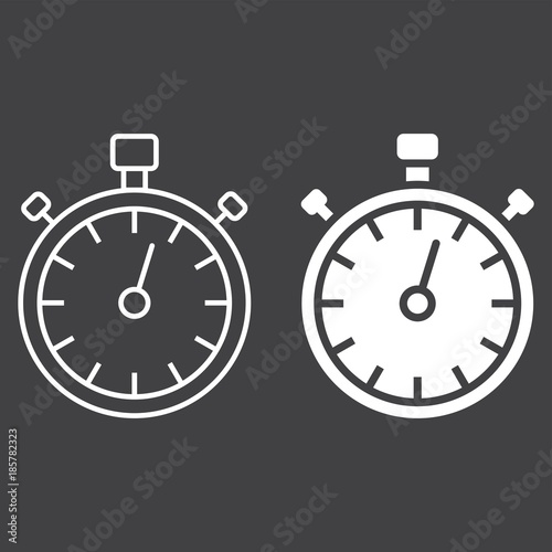 Stopwatch line and glyph icon, fitness and sport, timer sign vector graphics, a linear pattern on a black background, eps 10.