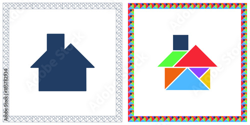 Tangram brain game HOUSE riddle and answer flat UI color vector illustration