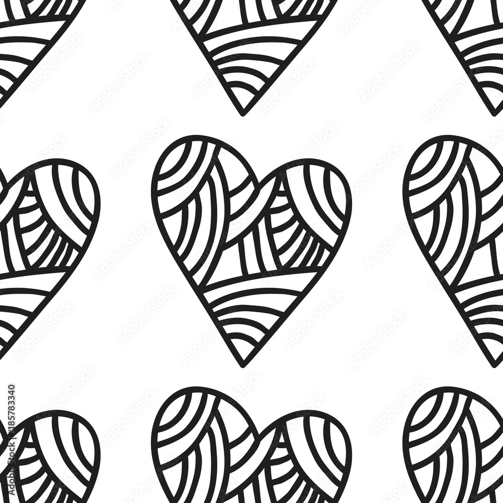 Decorative hearts. Black and white illustration and seamless pattern. Vector Decorative hearts. Black and white illustration and seamless pattern. Vector