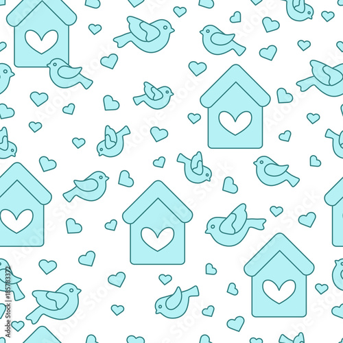 Seamless pattern with birds, birdhouses and hearts