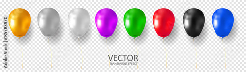 Golden, Silver, White, Grey, Purple, Blue, Cyan Red, Green, Black multicolored glossy  balloon set realistic vector stock illustration on transparent background. 3D shine balloon for Birthday party.