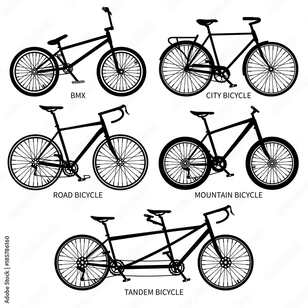 Bike types vector black silhouettes. Road, mountain, tandem bicycles isolated