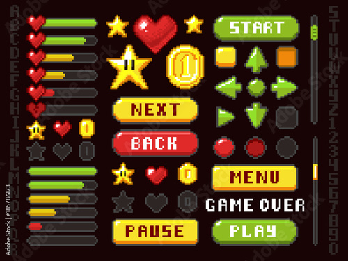 Pixel game buttons, navigation and notation elements and symbols vector set