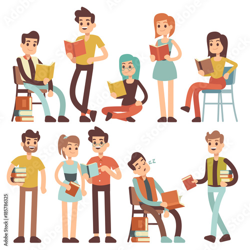 Students reading books. Young people read documents vector cartoon characters