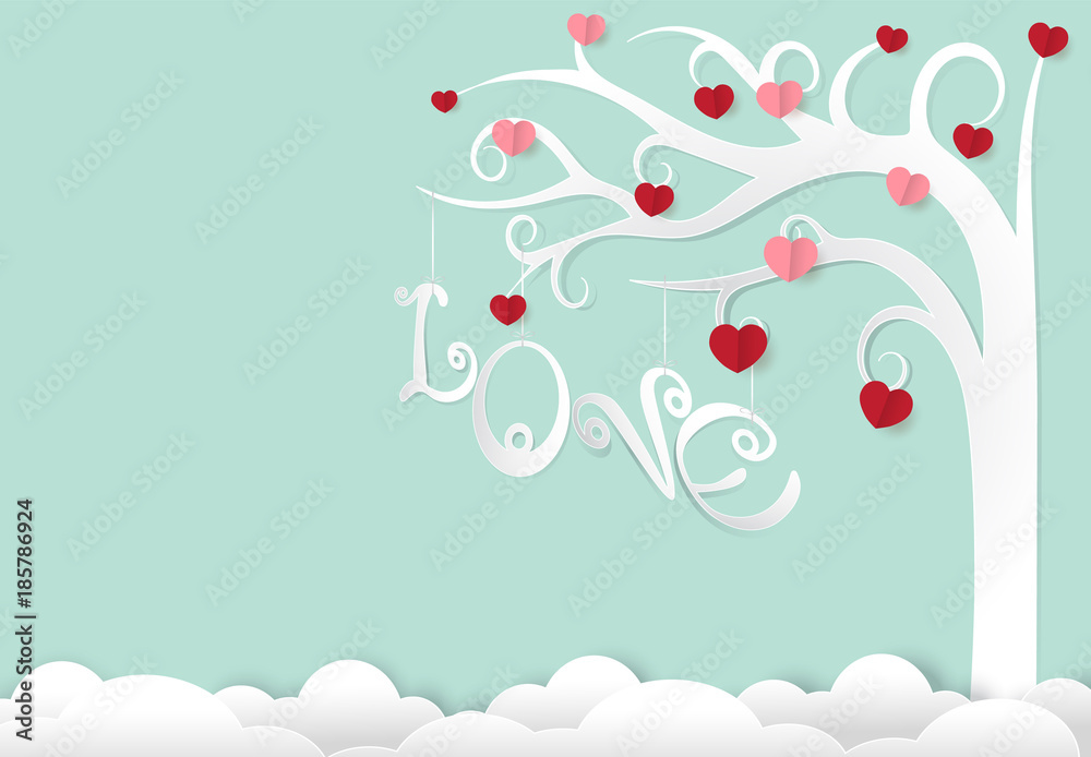 Heart and tree with love text on green paper art style,Valentine concept paper craft style illustration
