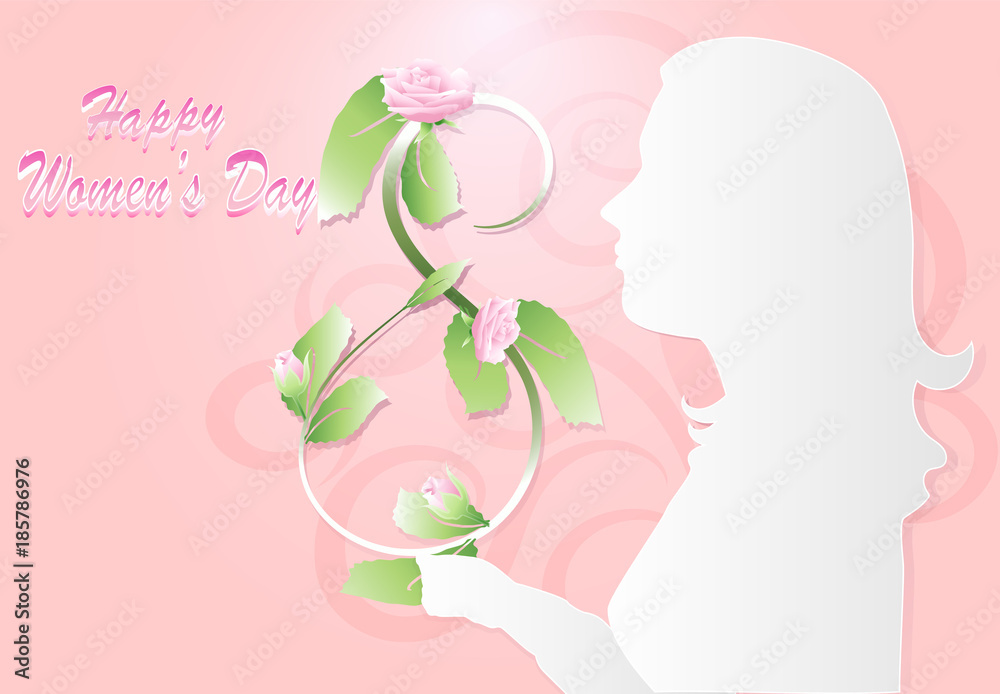 Happy Women's Day. Women and rose paper art style background