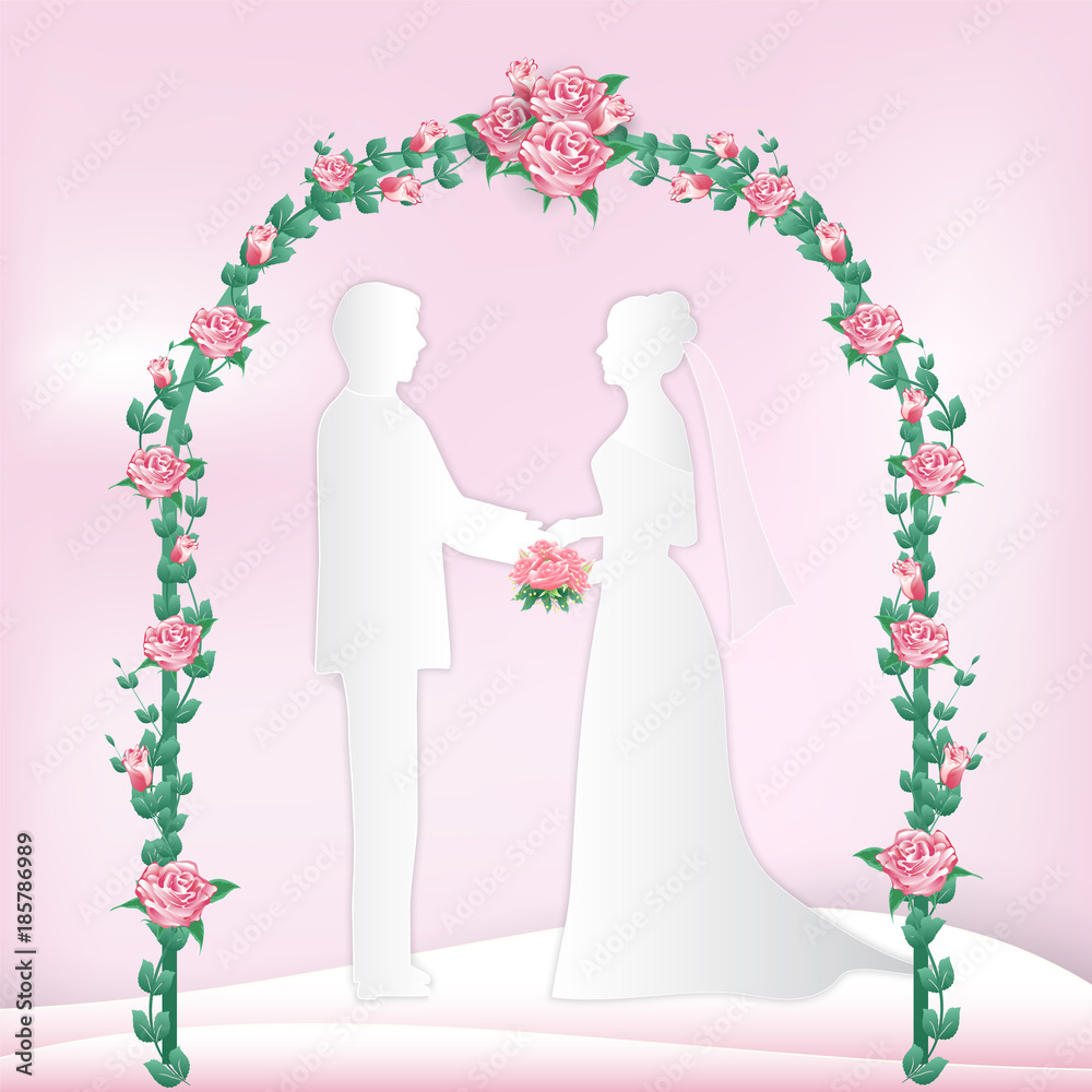 Couple standing and rose ivy flower arch decoration, paper art, paper craft style illustration Couple standing and rose ivy flower arch decoration, paper art, paper craft style illustration