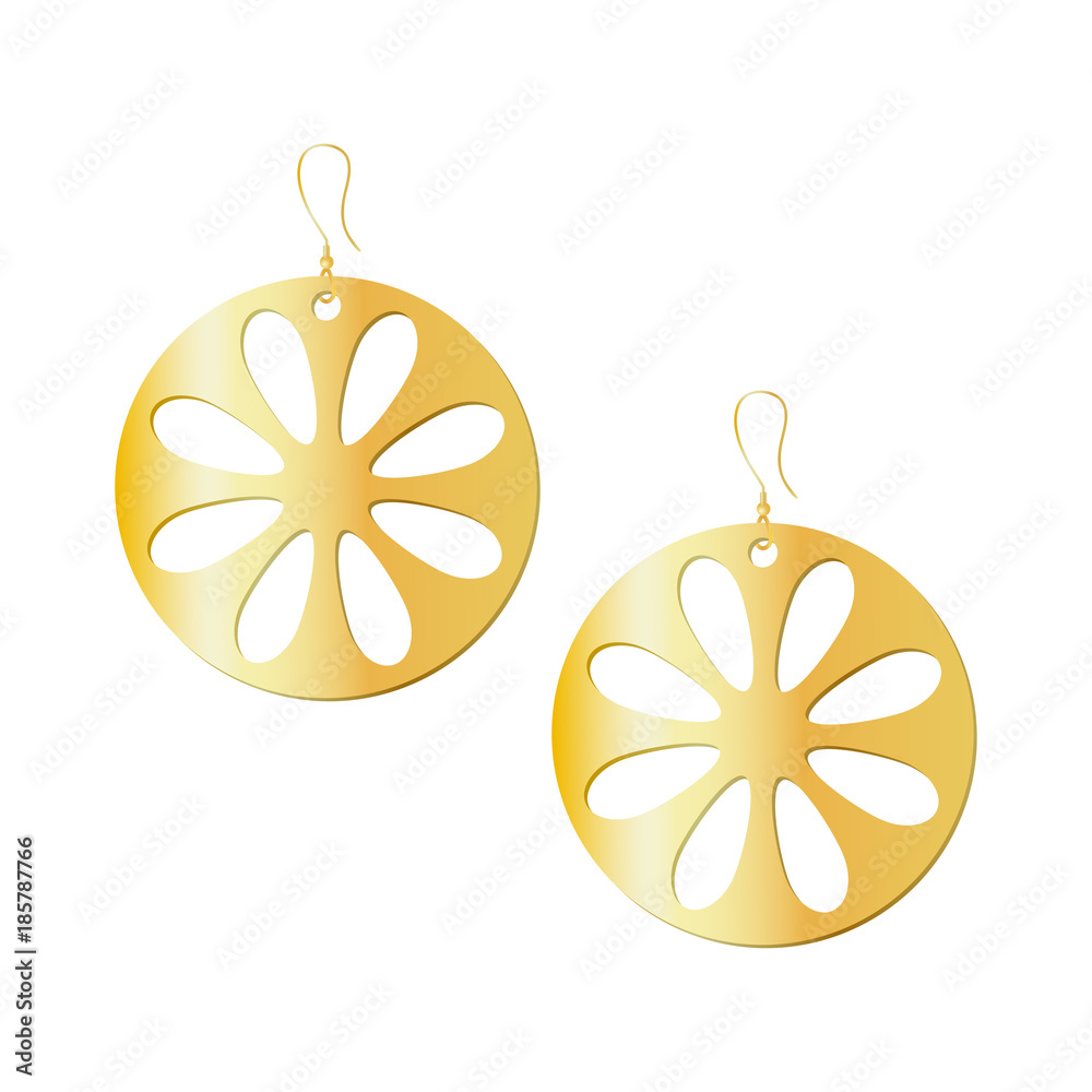 Fototapeta premium Gold round earrings with flower pattern. 3d effect isolated vector illustration on white background