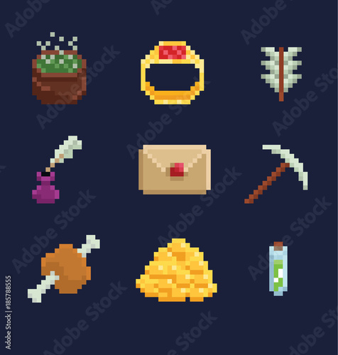 Vector pixel art illustration icons for fantasy adventure game development, ring, food, arrow, potion, inkwell, boiler, letter, pick, gold © gdainti