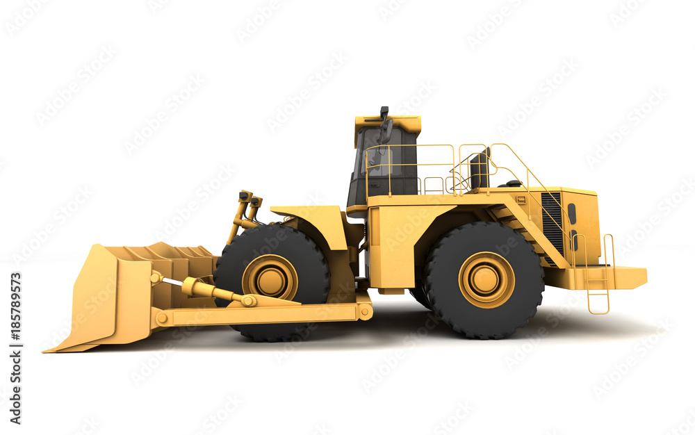 Powerfull concept. Massive yellow hydraulic earth mover isolated on white. Right to left direction. 3D illustration. Wide angle. Side view