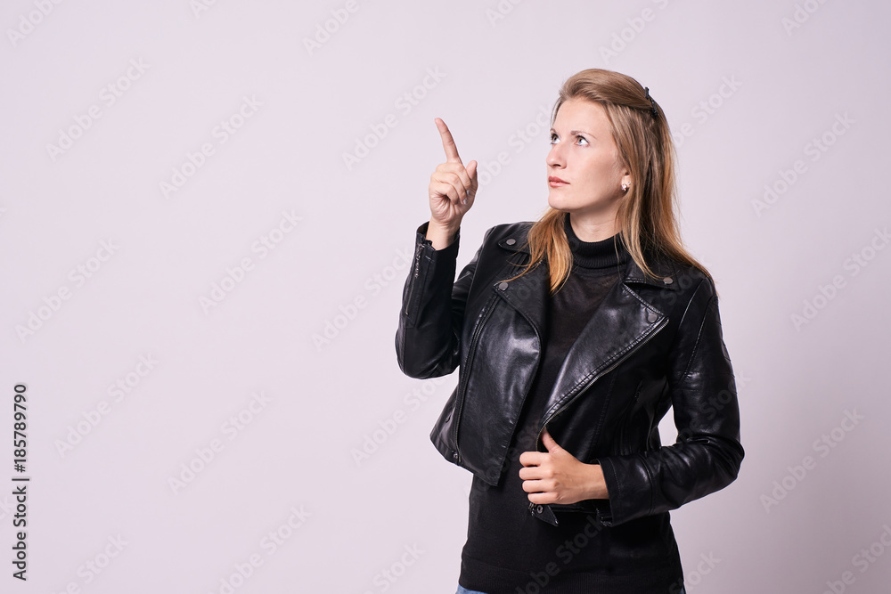 Beautiful girl. Direction upwards. White background