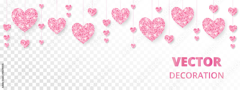 Pink hearts frame, border. Vector glitter isolated on white. For Valentine and Mothers day cards, wedding invitations.