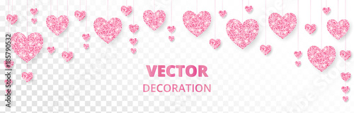 Pink hearts frame, border. Vector glitter isolated on white. For Valentine and Mothers day cards, wedding invitations.