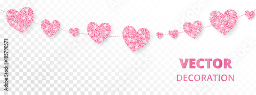 Pink hearts frame, seamless border. Vector glitter isolated on white