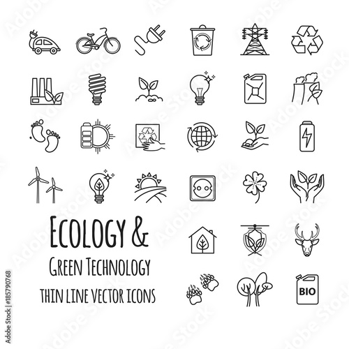 Ecology, green technology, organic outline icons set