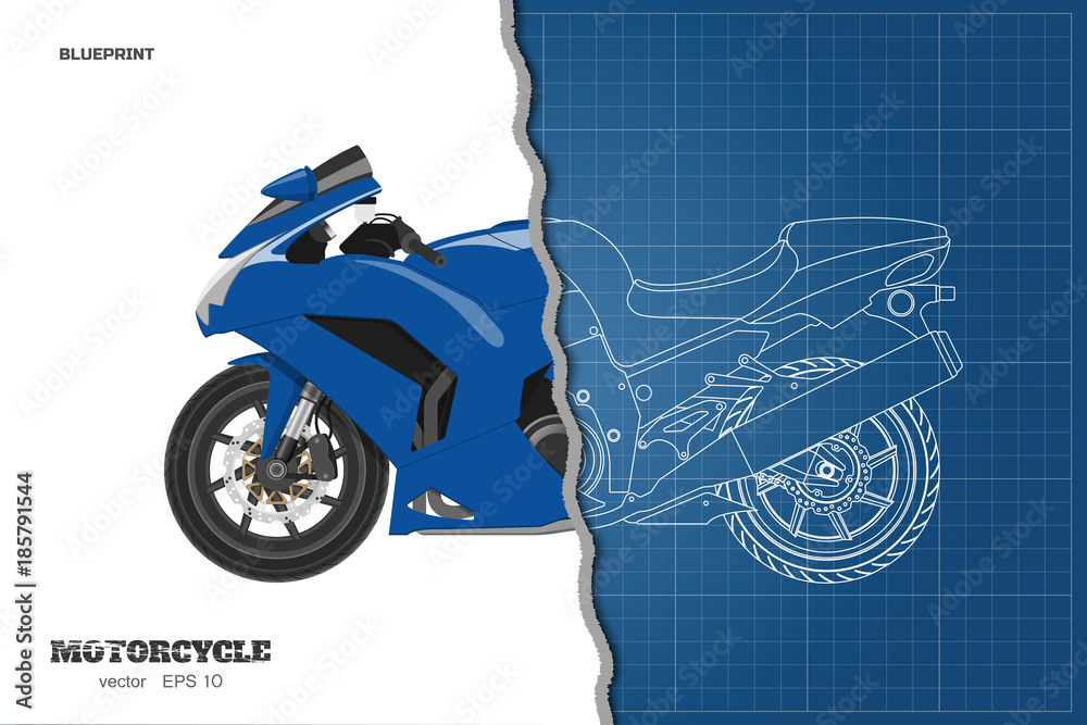 Naklejka premium Blue motorcycle in realistic style. Side view. Detailed outline blueprint of motorbike. Vector illustration