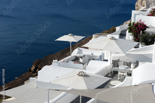 White terraces in the town of Oia with sea view on Santorini
