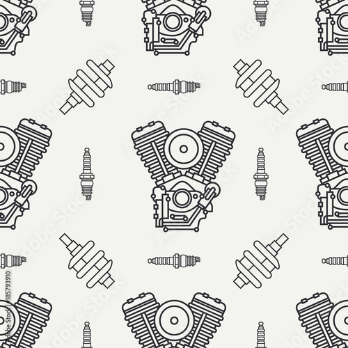 Line seamless pattern vector motorcycle classic bike power motor. Legendary retro. Cartoon style. Biker motoclub rider. Gasoline engine. Crankshaft. Illustration, element for your design and wallpaper