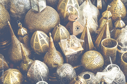 Photography Shining moroccan metal lamps and souvenirs in the shop in medina of Marrakech, M