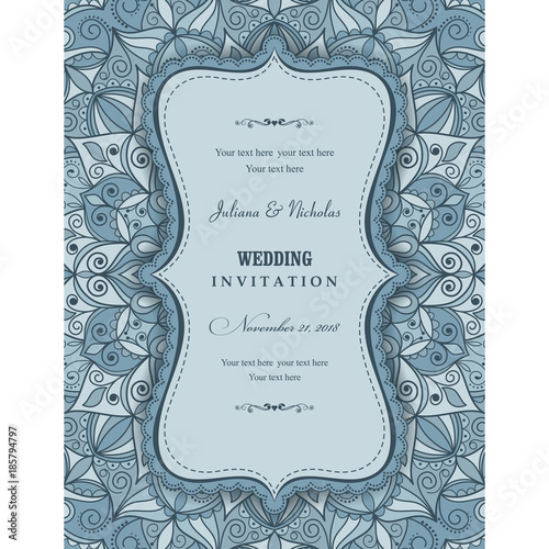 Wedding invitation cards Eastern style blue. Arabic  Pattern. Mandala ornament. Frame with flowers elements. Vector illustration.