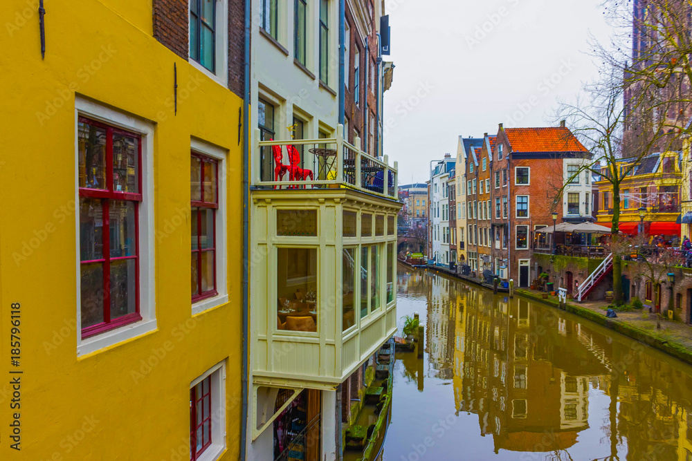 The most famous canals and embankments of Utrecht city at winter