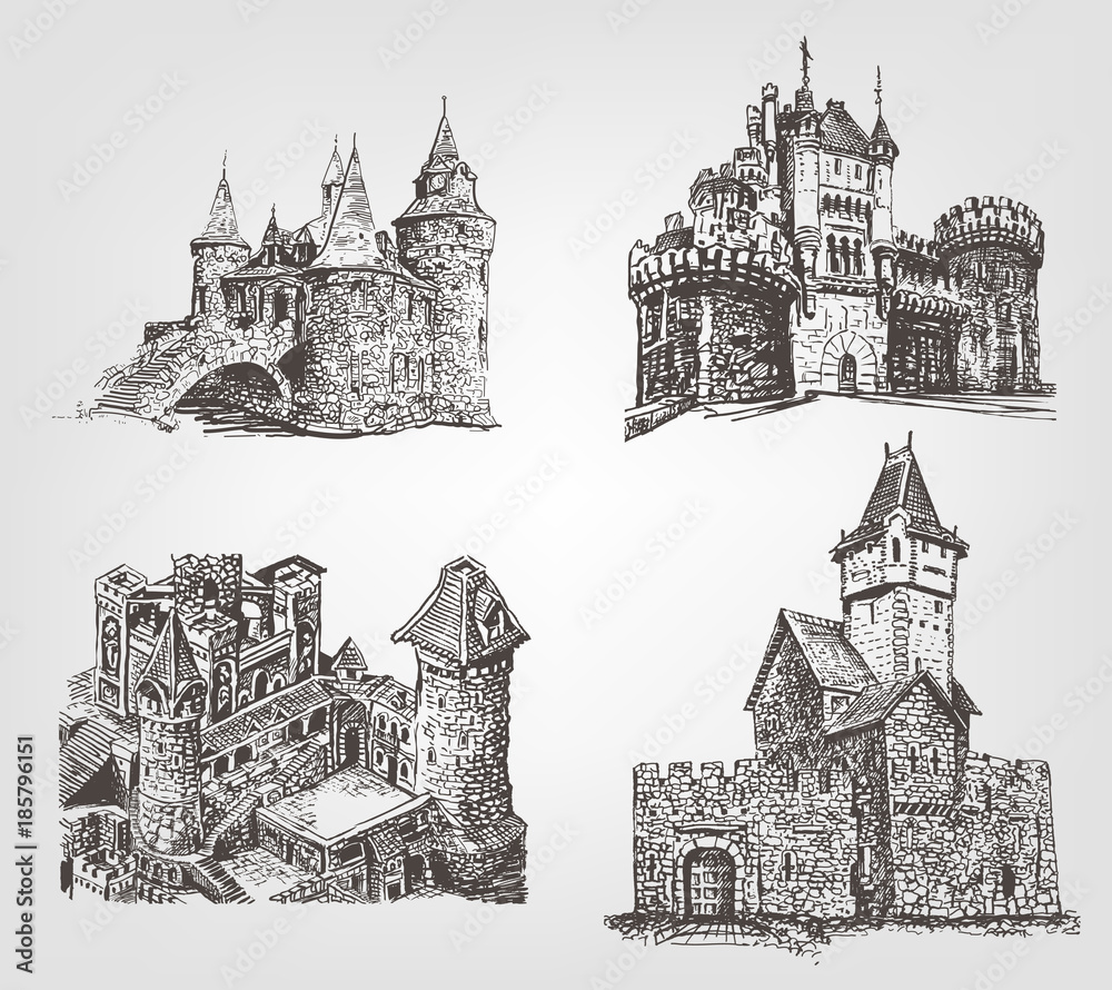 Vector old castle illustrations set. Countrysides on gothic fortress ...