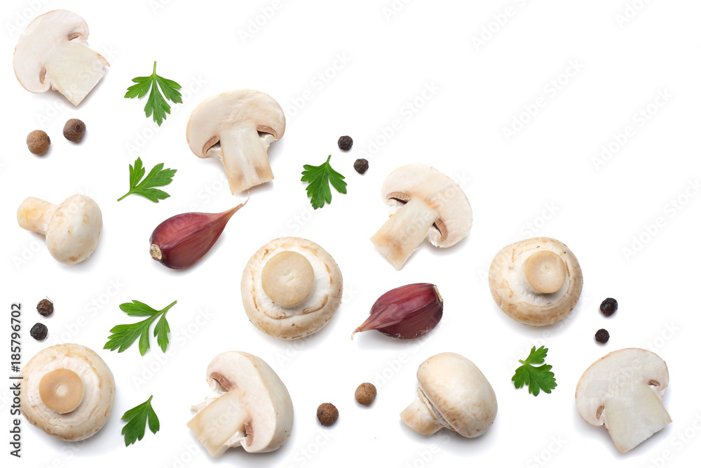 Fototapeta premium mushrooms with parsley isolated on white background. top view