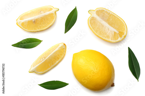 healthy food. sliced lemon with green leaf isolated on white background top view