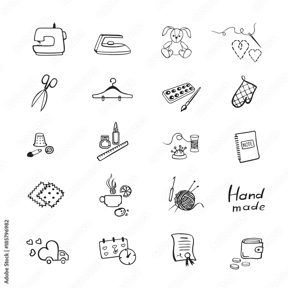 Set with outline icons of sewing equipment and needlework