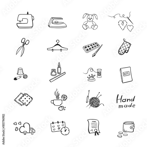 Set with outline icons of sewing equipment and needlework