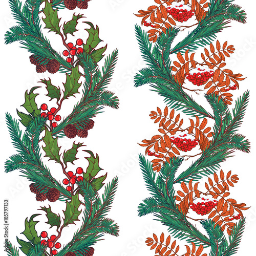 Set of Christmas ornamental seamless borders. Holly, firtrea and rowanberry branches with leafs and berries. Winter botanical design. EPS10 vector illustration