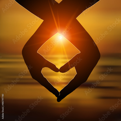 Loving couple makes a heart with hands on the beach at sunset. Love, romantic relationship concept. Vector illustration