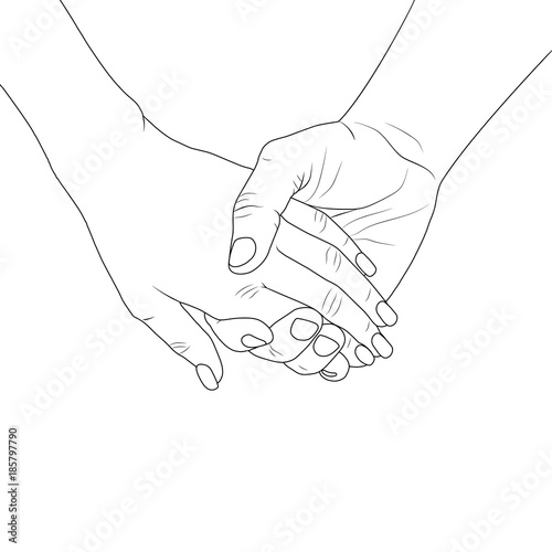 Man and woman holding by hands. Silhouette lines on white background. Vector illustration