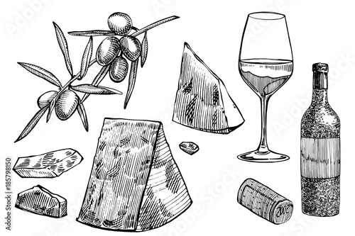 Vector set of vine products. Illustration in sketch style. Hand drawn design elements. Isolated on white background. Engraving style illustrations.