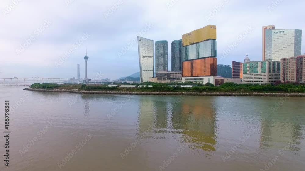 Macau aerial day drone video city centre waterfront hotel casino Macau aerial day drone video city centre waterfront hotel casino