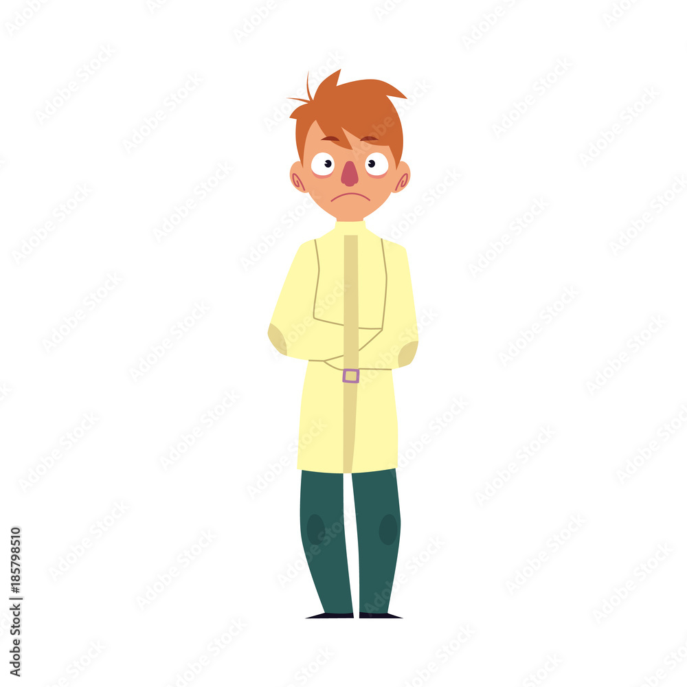 Man having mental disorder, standing in strait jacket, psychiatric patient, cartoon vector illustration isolated on white background. Young man with mental disease standing in straitjacket Man having mental disorder, standing in strait jacket, psychiatric patient, cartoon vector illustration isolated on white background. Young man with mental disease standing in straitjacket