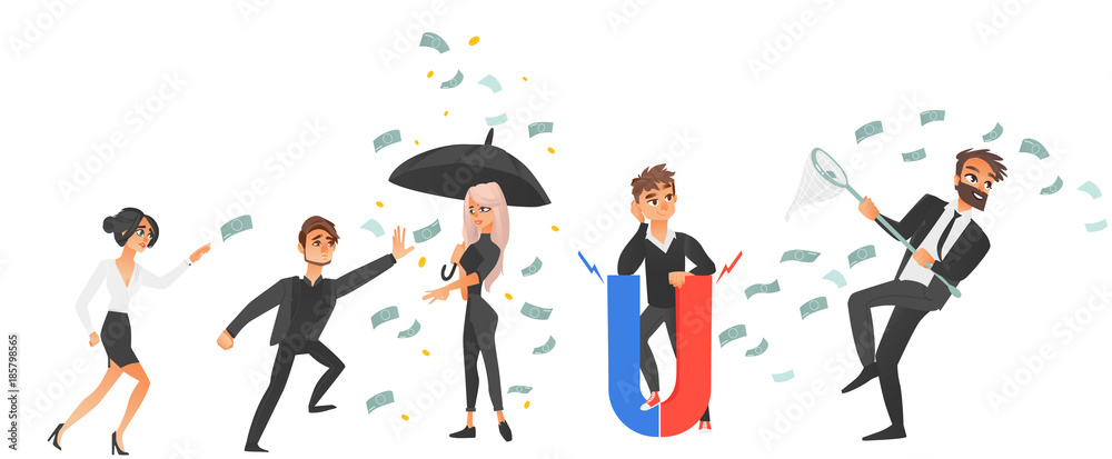 vector cartoon business men and women and money conceptual set. People running for money with butterfly net, standing under money rain holding umbrella, holding magnet. Isolated illustration.