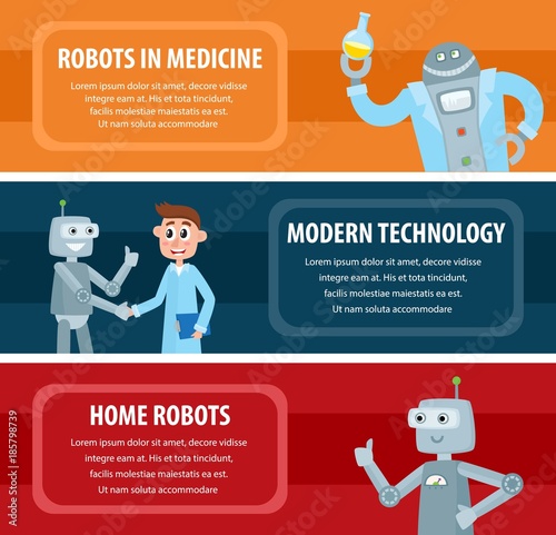 Vector robots, artificial intelligence in modern life infographic conseptual posters set. Robots in medical laboratory, business process assistance and home robots. Illustration on colored backgrounds