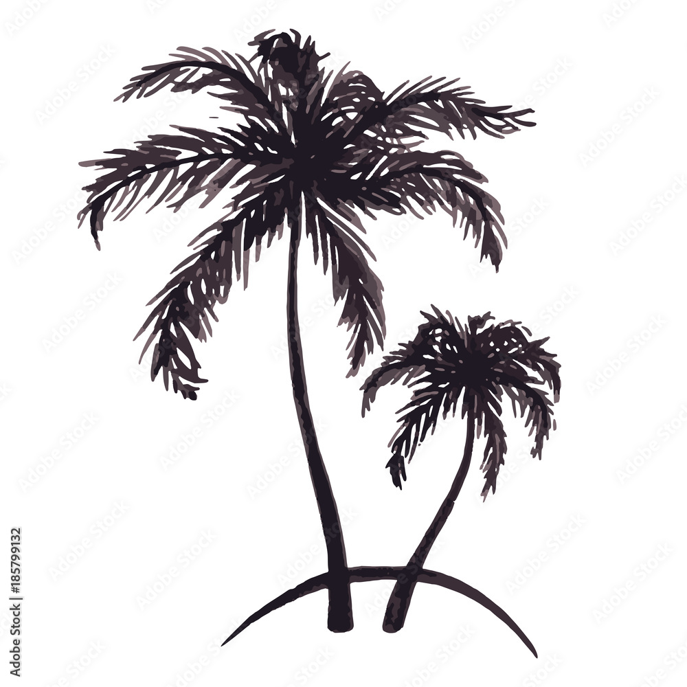 Fototapeta premium Monochrome two tropical palm tree sea ocean beach hand drawn sketch vector