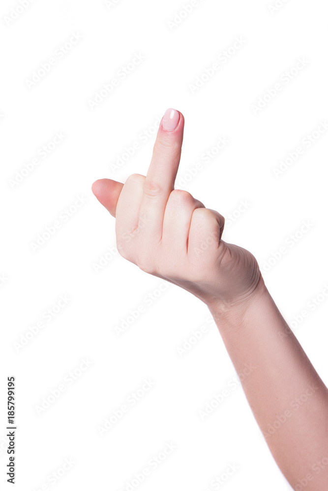 Woman hand showing middle finger sign isolated on white background Stock- Foto