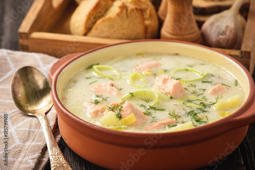 Potato soup with salmon and leek.