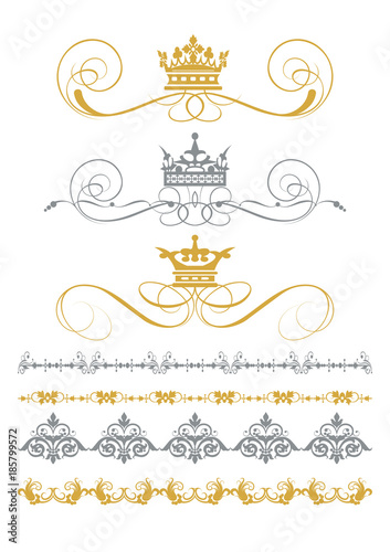 Design Elements. Golden and Silver Color on White background. Old-fashioned style. Frame, border, swirl, divider. Vector art