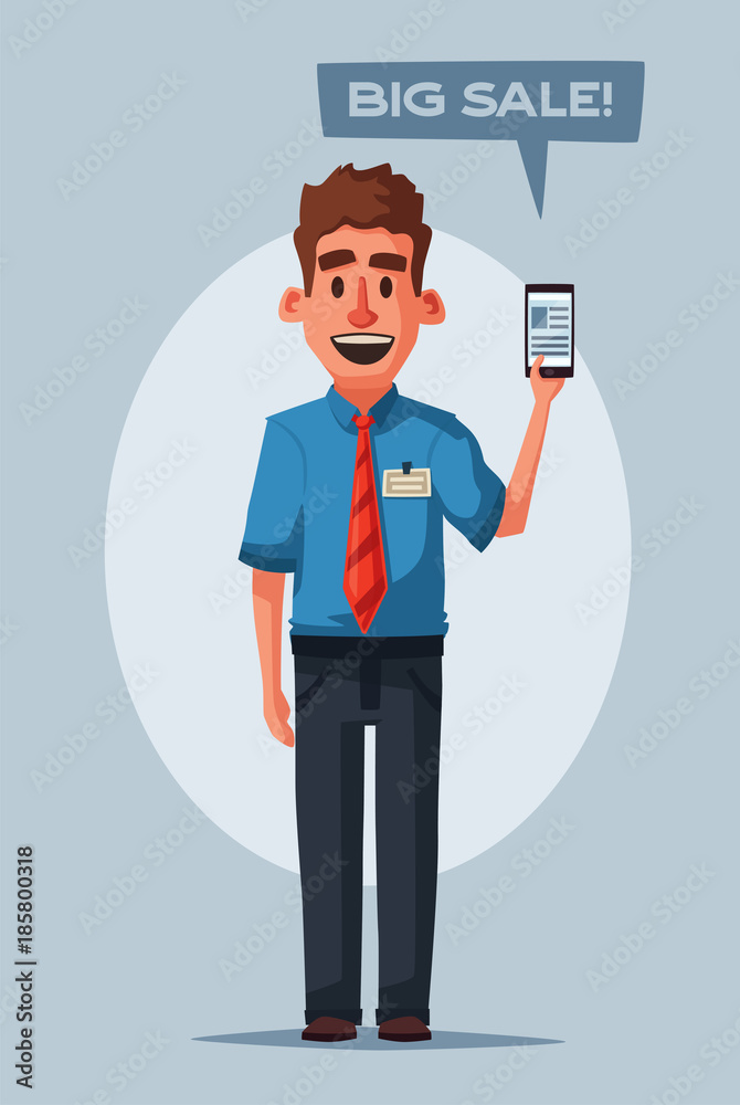 Funny seller with phone. Cartoon vector illustration